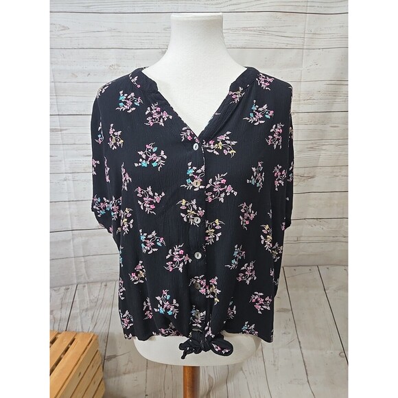 Chico's Floral Print Short Sleeve‎ Tie Front Top Size 3 Or XL/16 Button Front - Picture 1 of 7